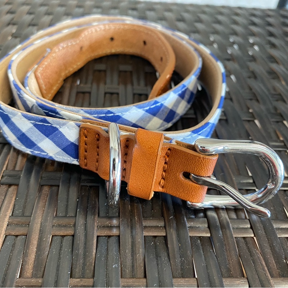 Brooks Brothers Women’s Leather & Blue White Gingham Belt Preppy Classic Med